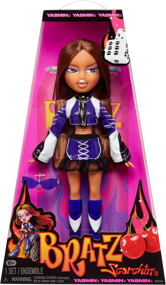 Bratz Scorchin' Yasmin - Inclui 1 boneca fashion, vem com roupa e acessórios, bonecas inspiradas em motos, brinquedos fofos para meninas, roxa