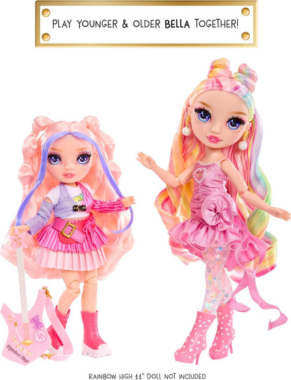 Rainbow High Junior High Rock Band - Bella, Rosa - Boneca Fashion de 23cm com Baixo, Personalizável com Adesivos, Articulada, Brinquedo Fofo para Crianças a partir de 4 Anos