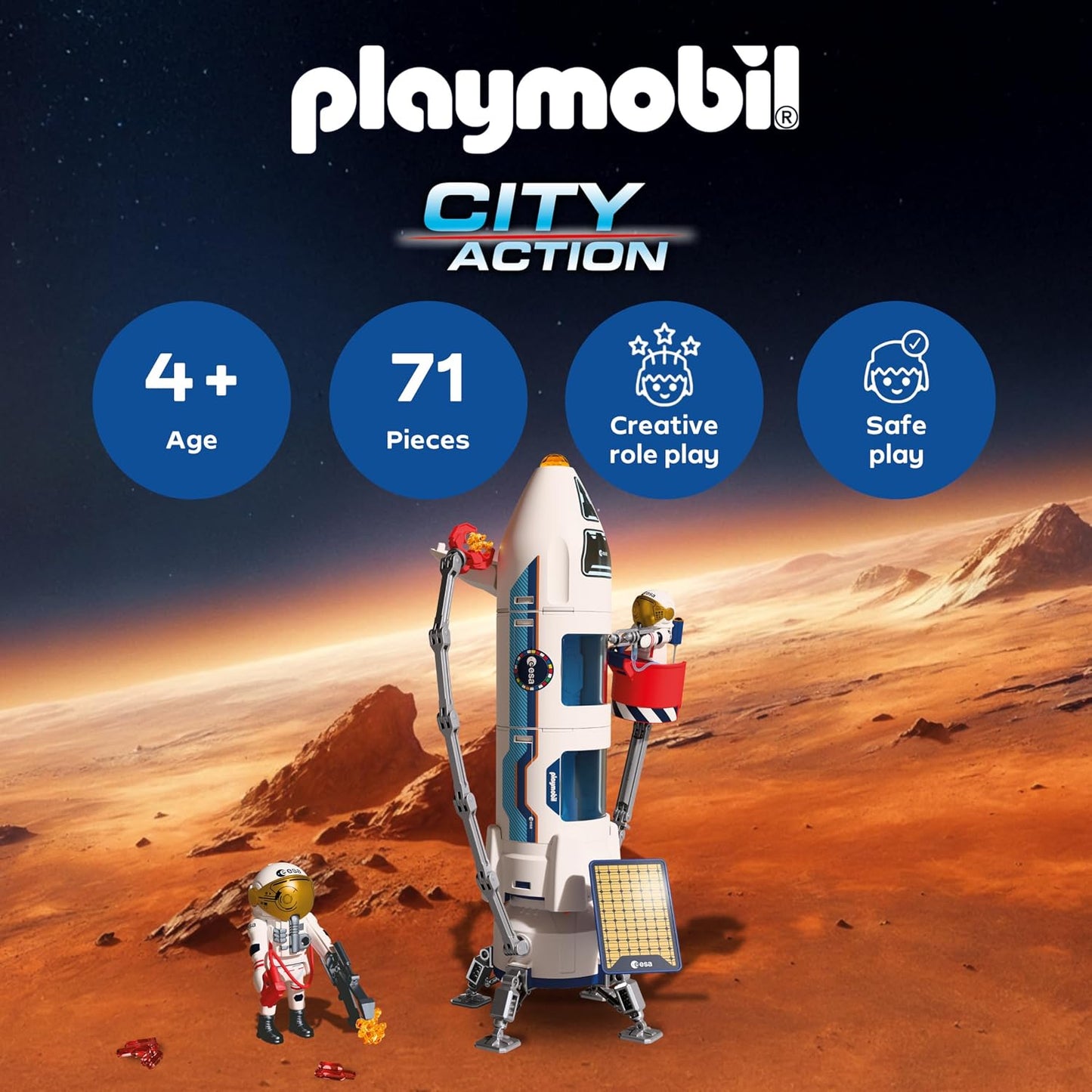Playmobil Space ESA – Foguete de Pesquisa em Marte, foguete modular com plataforma de lançamento e 2 astronautas, conjunto de brinquedo espacial, para crianças a partir de 4 anos, 72011