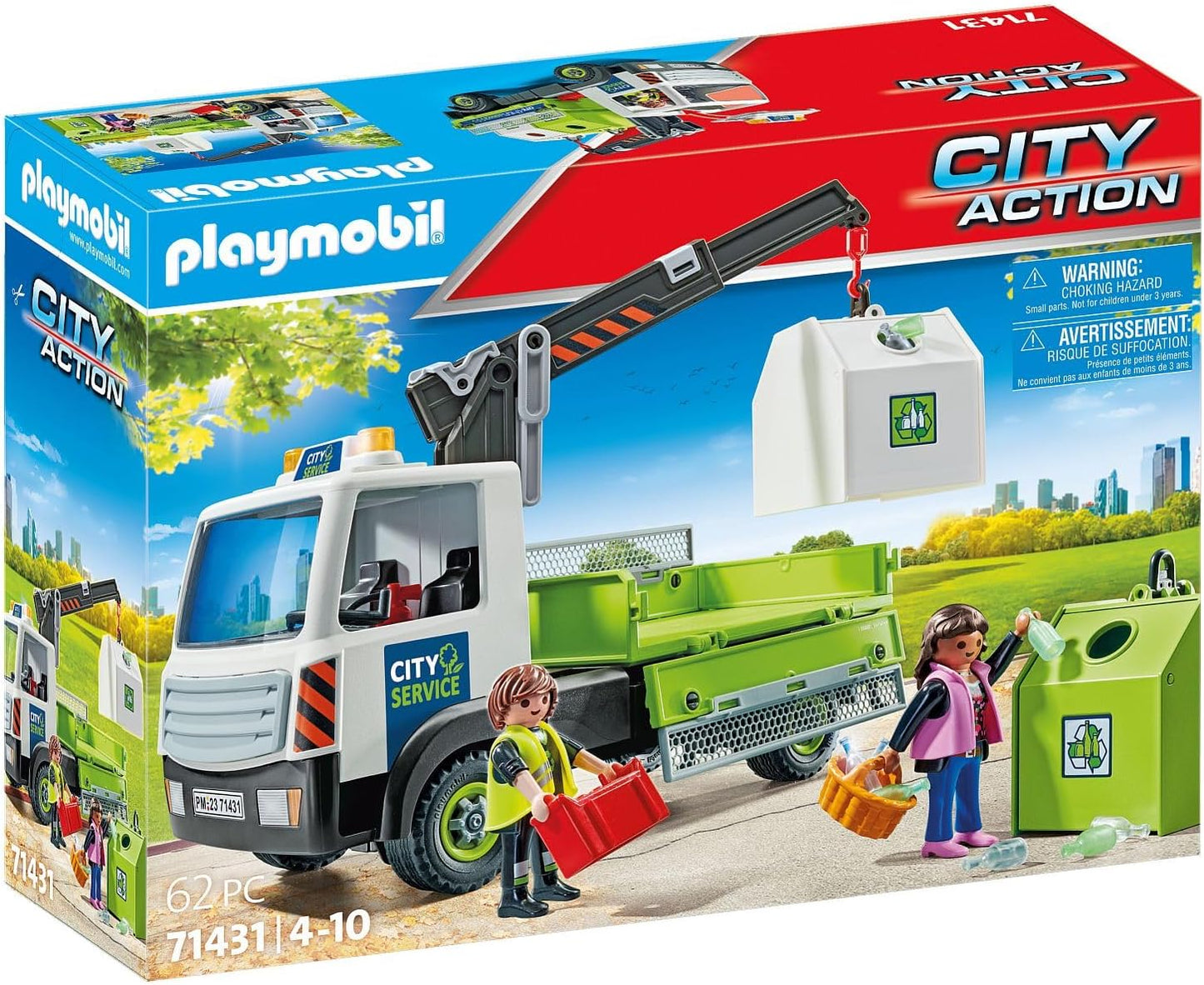 Playmobil 71431 Caminhão de reciclagem de vidro City Life com contêiner, brinquedo educacional para limpeza de cidade, dramatização imaginativa, conjuntos de jogos adequados para crianças de 4 anos ou mais
