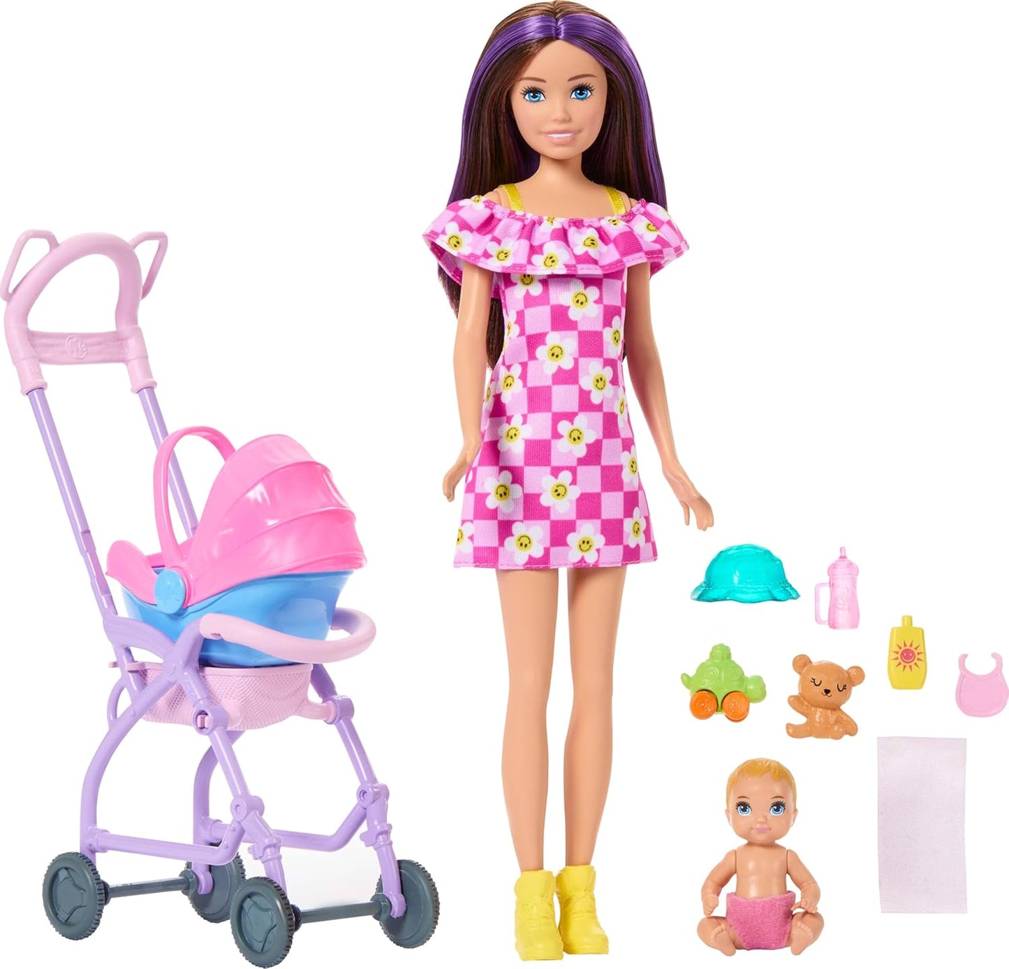 Barbie Conjunto Skipper Babysitters Inc. com boneca morena, boneca bebê loira, carrinho de bebê com cadeirinha removível e 7 acessórios, JJB42