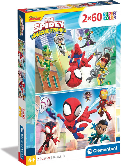 Clementoni - 21625 - Quebra-cabeça Supercolorido - Marvel Homem-Aranha e Seus Incríveis Amigos - 2x60 Peças (2 quebra-cabeças incluídos), Quebra-cabeça para Crianças a partir de 4 Anos, Quebra-cabeça de Desenho Animado