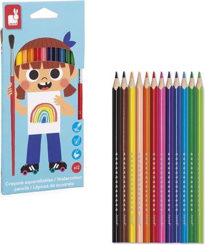 Janod - Conjunto de 10 lápis de gel aquarela - Sistema de torção para manter as mãos limpas - Giz aquarela - Brilhante, Janod - Conjunto de 12 lápis de aquarela + 1 pincel incluído - Mina macia e resistente - Desenhe