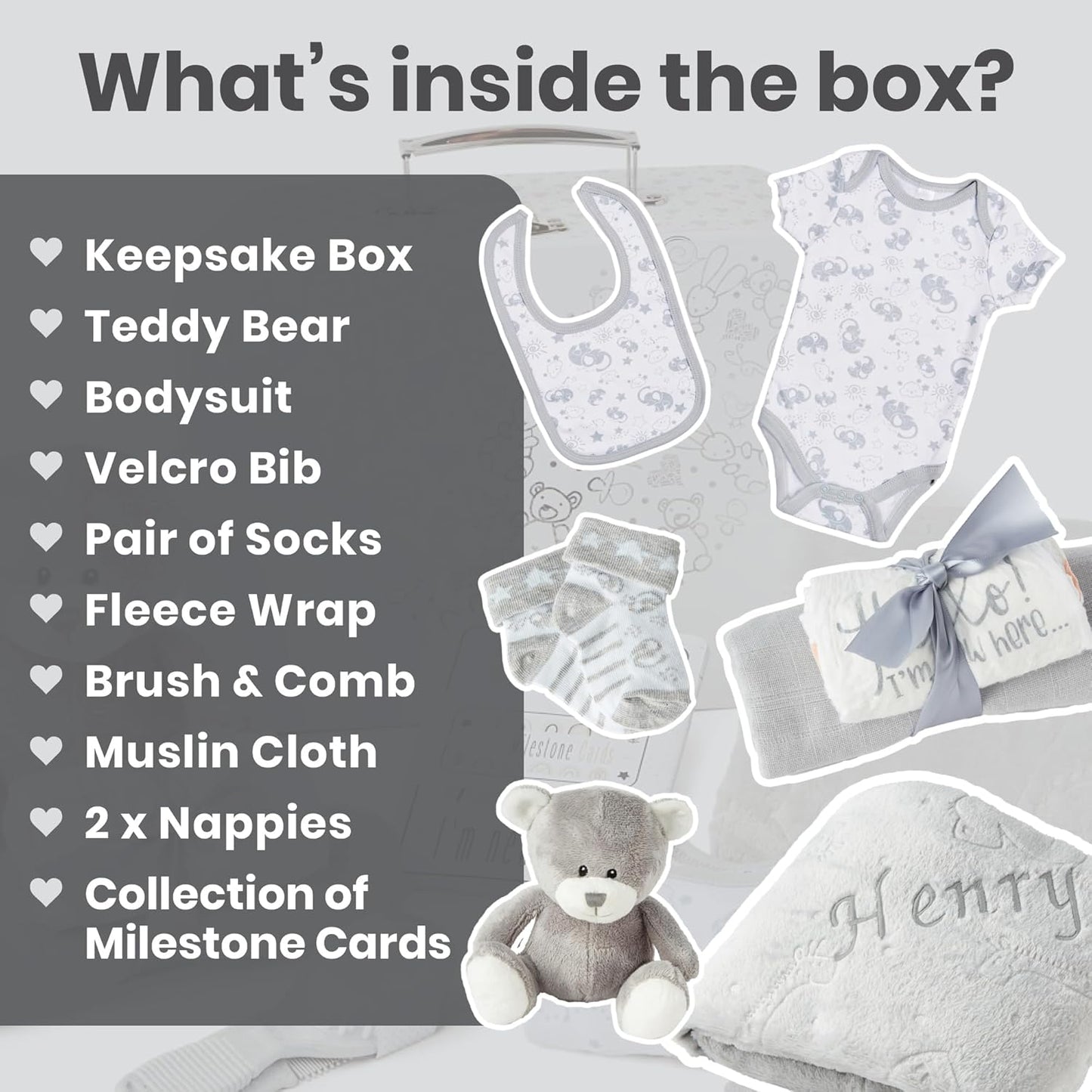 Presentes personalizados para bebês - Caixa de lembranças unissex inclui itens essenciais para bebês recém-nascidos, ursinho de pelúcia, itens essenciais para recém-nascidos e presentes para bebês