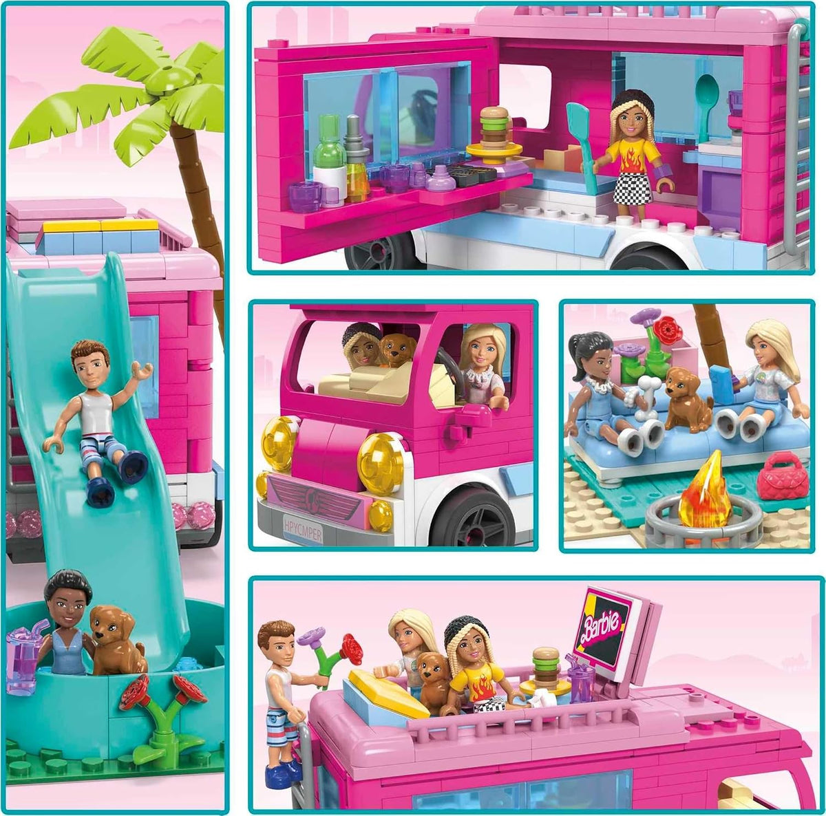 MEGA Conjunto de Construção Construx Barbie – Aventura no Trailer dos Sonhos, com 580 peças, 4 micrombonecas, pets da Barbie e acessórios, Rosa, para crianças a partir de 6 anos, HPN80