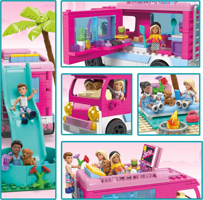 MEGA Conjunto de Construção Construx Barbie – Aventura no Trailer dos Sonhos, com 580 peças, 4 micrombonecas, pets da Barbie e acessórios, Rosa, para crianças a partir de 6 anos, HPN80