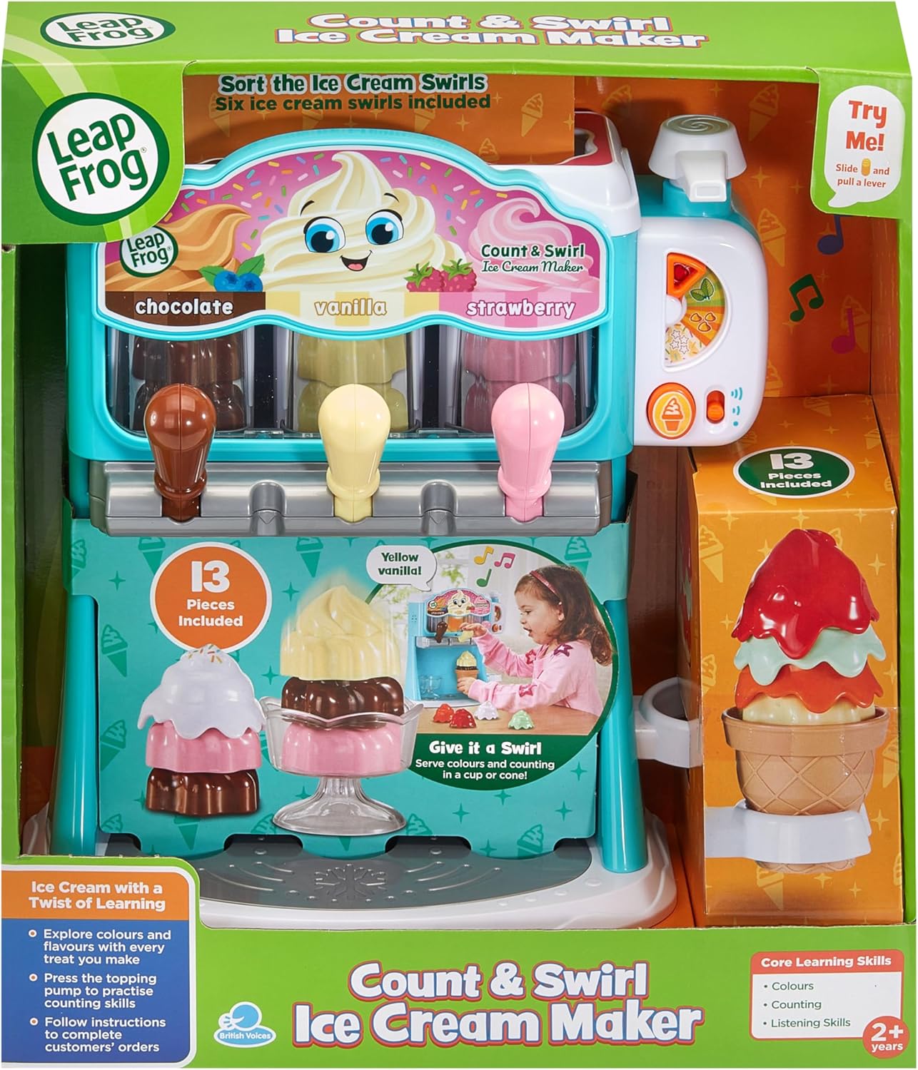 LeapFrog Count and Swirl Ice Cream Maker, brinquedo interativo de roleplay com 12 peças, brinquedo de cozinha de simulação ensina cores e sabores, brinquedo infantil para 2, 3, 4 anos ou mais