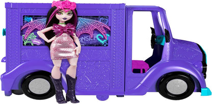 Muñeca y juego Monster High Draculaura, camión de comida Fangtastic Rockin' con transformación de escenario extraíble y más de 13 accesorios temáticos de comida y música, HXH83