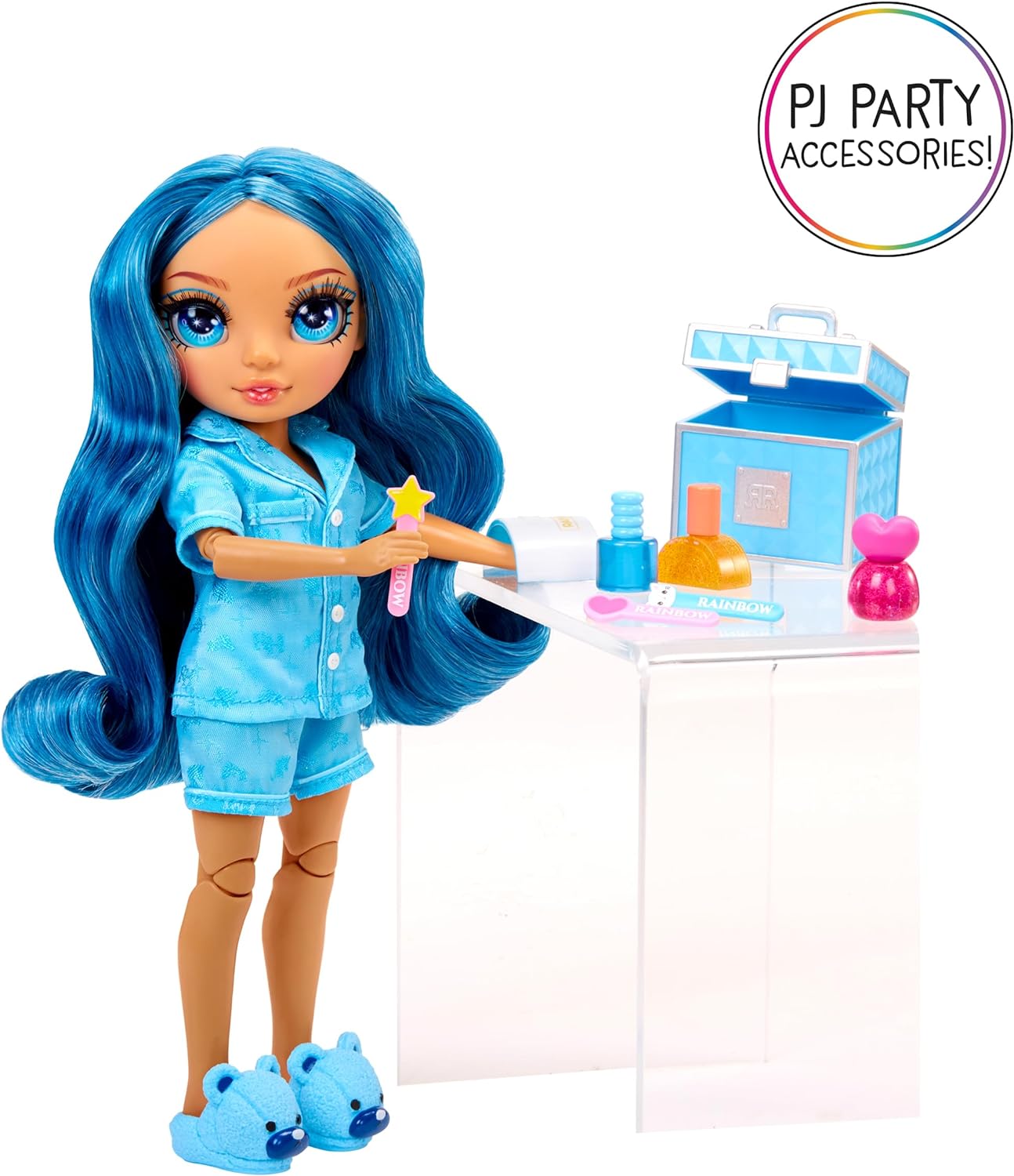 Rainbow High Junior High PJ Party - Skyler (azul) - Boneca articulada de 22 cm com macacão macio, chinelos e acessórios para brincar - Brinquedo infantil - Ótimo para idades de 4 a 12 anos