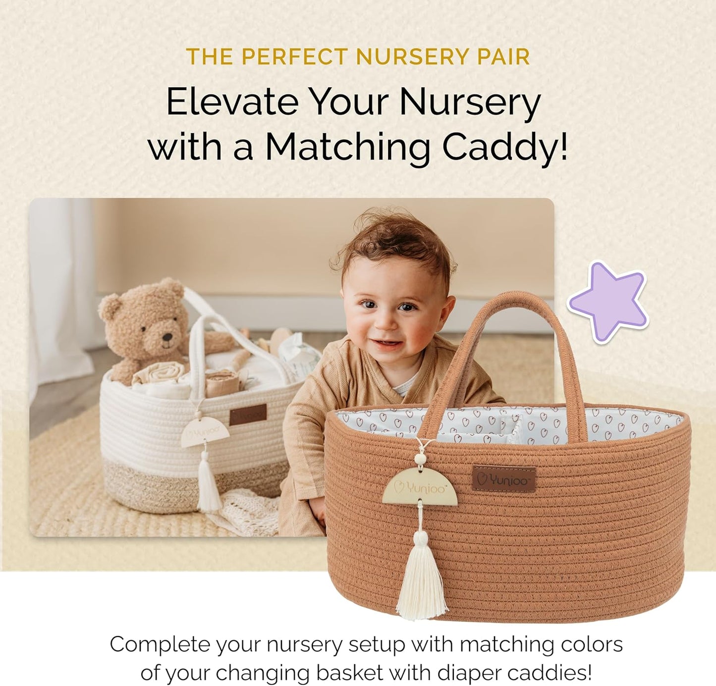 Yunioo Baby Changing Basket com trocador macio e portátil para cômoda e trocador, itens essenciais para recém-nascidos – Branco Bege