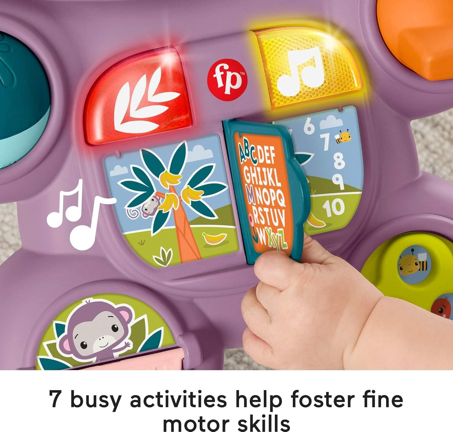Fisher-Price Brinquedo de empurrar Baby Learn With Me, Macaco Roxo, Atividade Musical Educativa com Luzes para Bebês a partir de 6 Meses, JLD58
