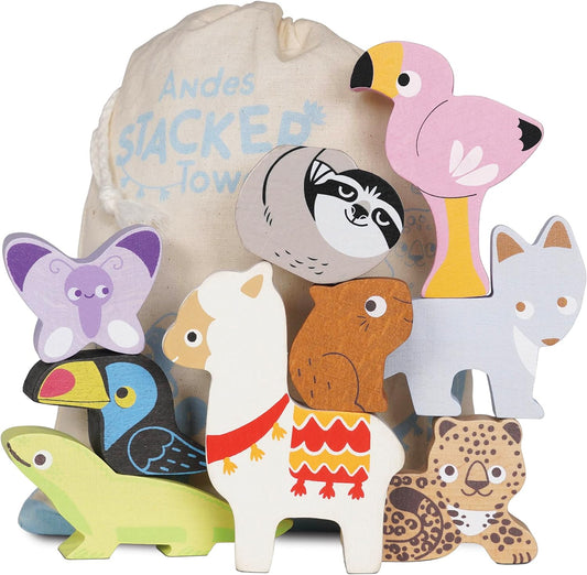 Le Toy Van - Andes Torre apilable de animales de madera, juguetes educativos y bolsa | Juguetes de actividades de aprendizaje para el desarrollo infantil.