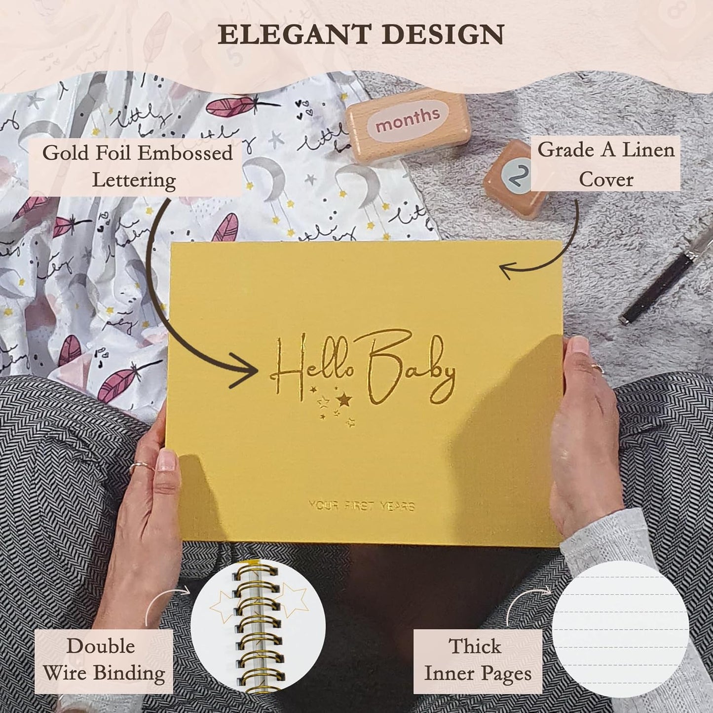 Livro de memórias LOVE ON para bebês com kit de mãos e pés sem tinta grátis - Diário dos primeiros 5 anos para bebês com capa elegante de linho e folha de ouro em relevo - Inclusivo para todos os tipos de família (estrelas)