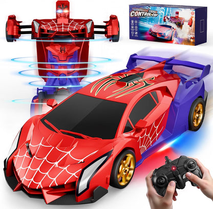 Carro Transformável com Controle Remoto com Luzes nos Olhos e na Parte Inferior, Carro Aranha RC de 2.4GHz e Robô com Transformação de Um Botão e Rotação de 360°, Brinquedo de Natal para Crianças de 3 a 12 Anos
