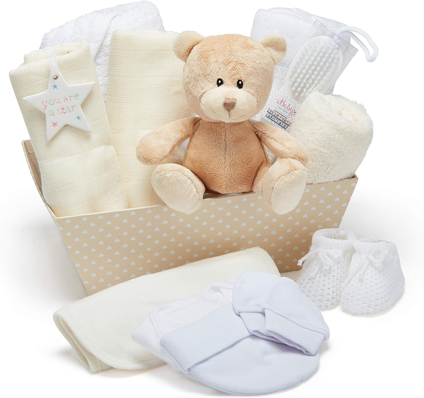 Cesta para Bebê Menino – Conjunto de 17 peças para recém-nascido com pelúcia | Ideal para chás de bebê, revelação de gênero e presente de batizado