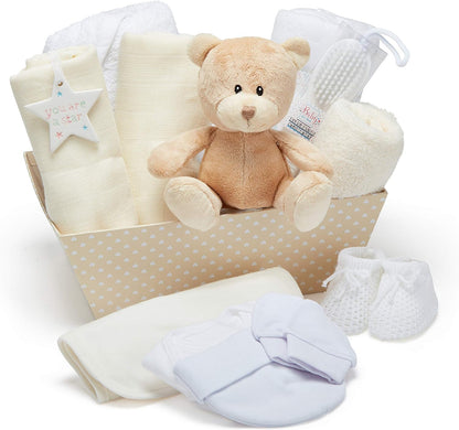 Cesta para Bebê Menino – Conjunto de 17 peças para recém-nascido com pelúcia | Ideal para chás de bebê, revelação de gênero e presente de batizado