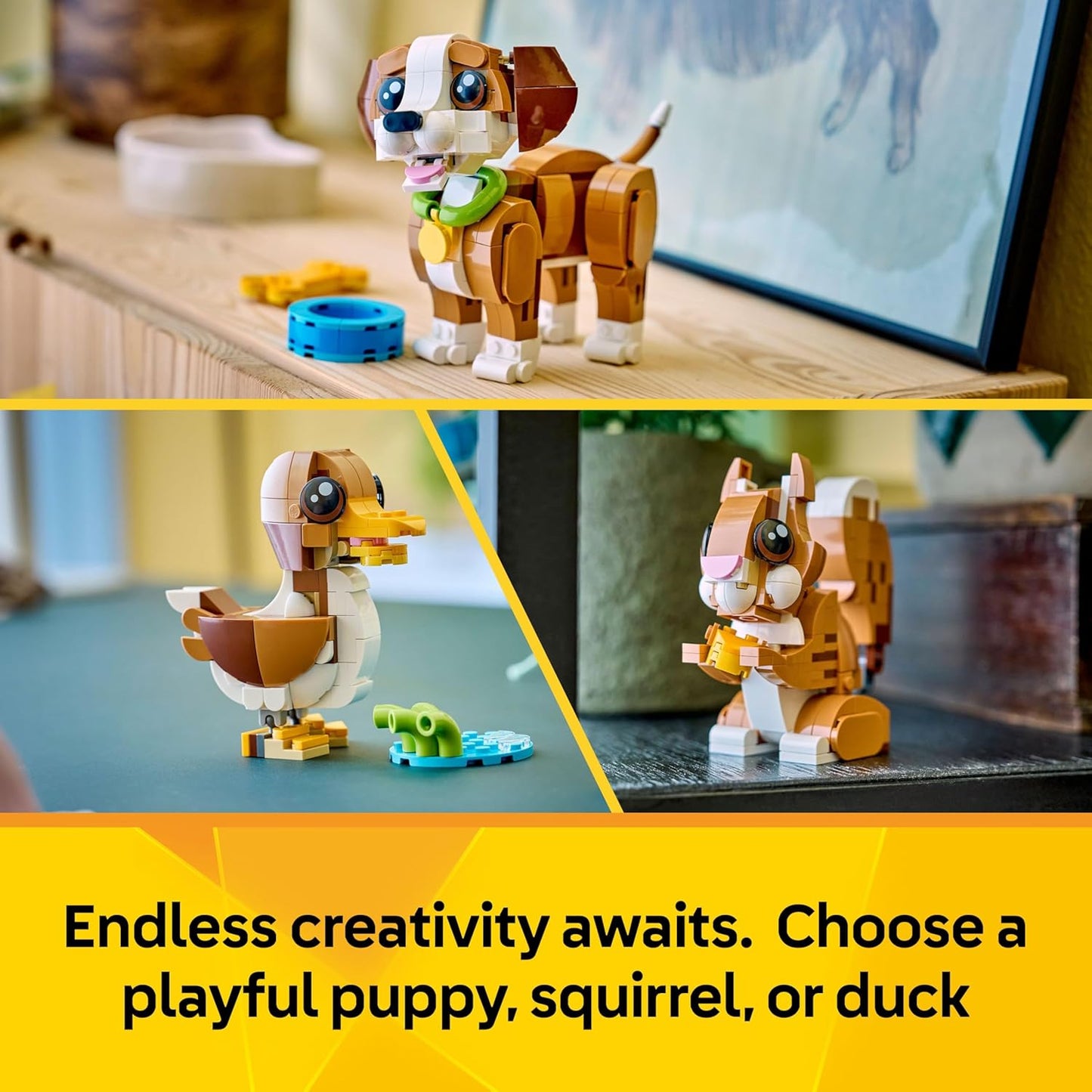 LEGO Creator 3 em 1 Animais Fofos: Cachorrinho de Brinquedo Divertido - Figura de Animal de Estimação que se Transforma em Esquilo ou Pato - Presente de Aniversário Criativo para Meninas e Meninos a partir de 8 Anos - 31382