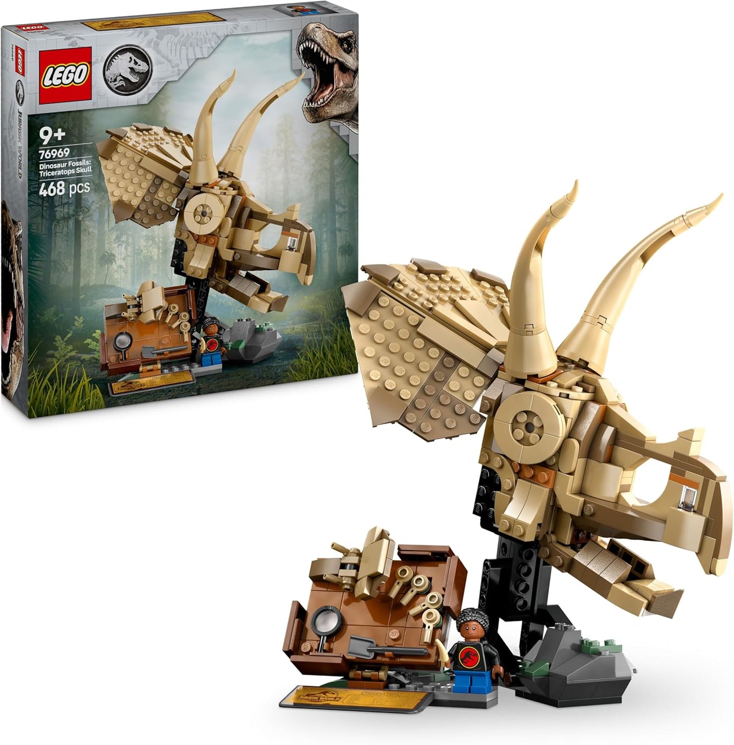LEGO  Fósseis de dinossauro Jurassic World: modelo de crânio de triceratops, brinquedo de dinossauro para meninos e meninas de mais de 9 anos, com mandíbula de abertura e expositor, ideia de presente de aniversário