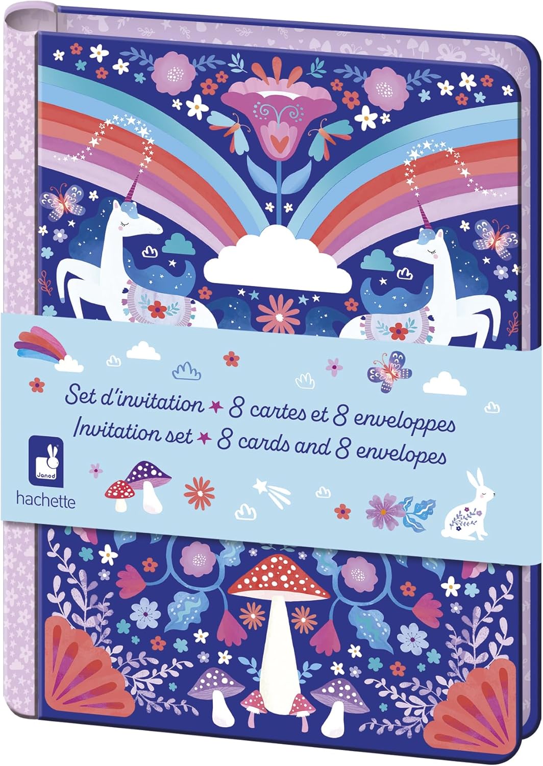 Janod - Conjunto de convites 8 cartões de unicórnio - 8 envelopes - Bolsa de armazenamento e 1 folha de adesivos - Convite de aniversário - Adesivos de unicórnio - Ideal para 8 convidados - 6 anos ou mais - J08933