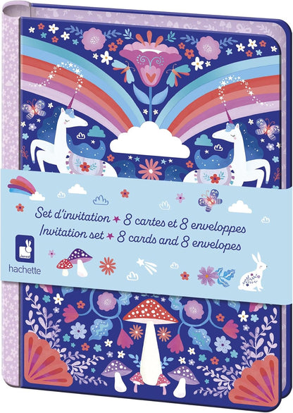 Janod - Conjunto de convites 8 cartões de unicórnio - 8 envelopes - Bolsa de armazenamento e 1 folha de adesivos - Convite de aniversário - Adesivos de unicórnio - Ideal para 8 convidados - 6 anos ou mais - J08933