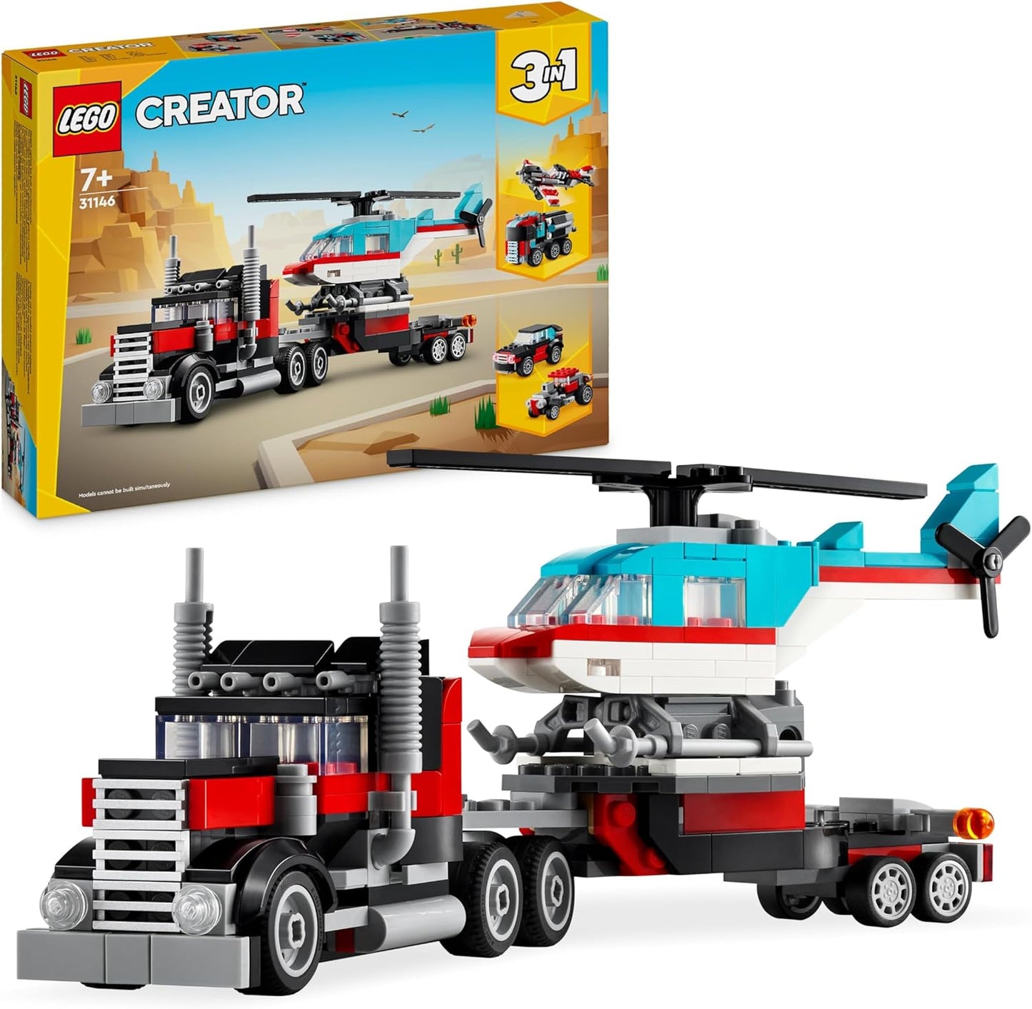 LEGO Criador de caminhão-plataforma 3 em 1 com brinquedo de helicóptero para avião a hélice e caminhão de combustível para brinquedos Hot Rod e carros SUV para meninos, meninas e crianças de mais de 7 anos que amam veículos legais, ideia de presente 31146