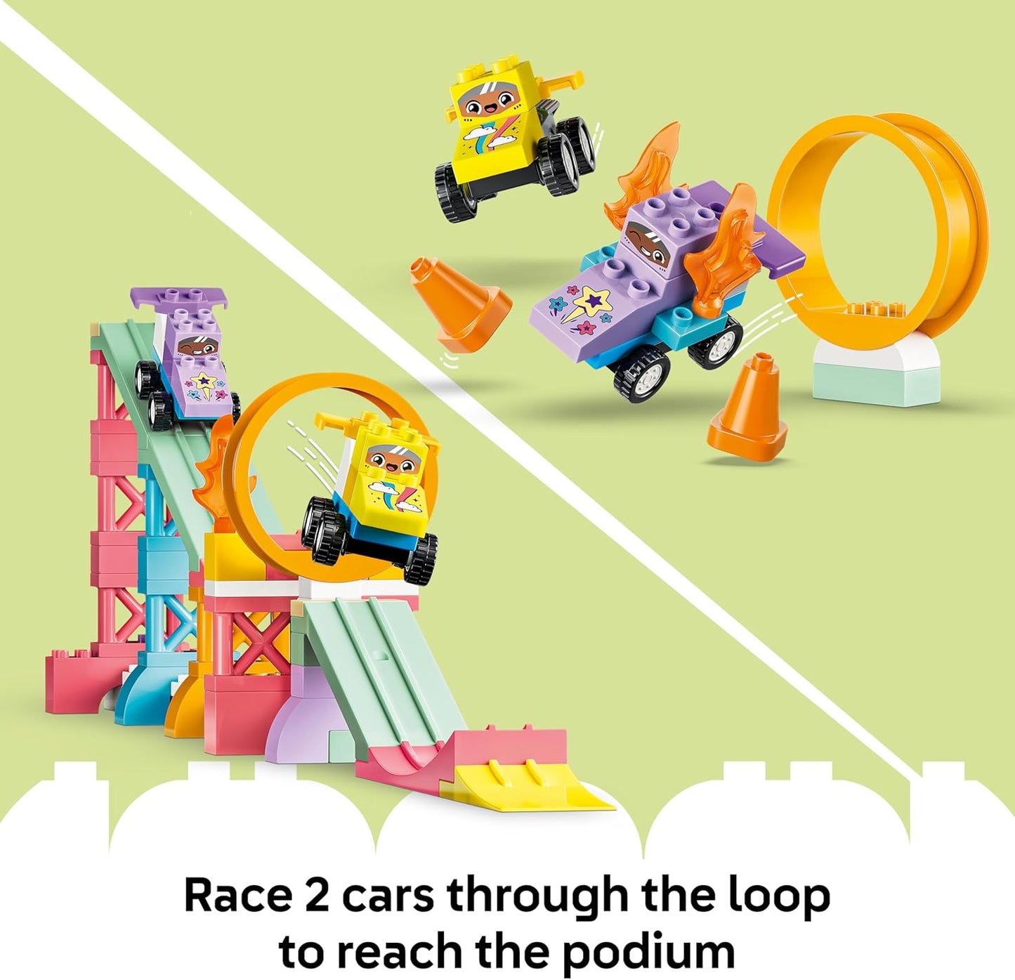 LEGO DUPLO 3 em 1 Rampas Criativas com Veículos - Brinquedo Educativo para Desenvolvimento da Coordenação Motora de Crianças Pequenas - Conjunto Montessori de Combinação de Cores com 2 Carrinhos de Corrida - Presente para Meninos e Meninas a partir