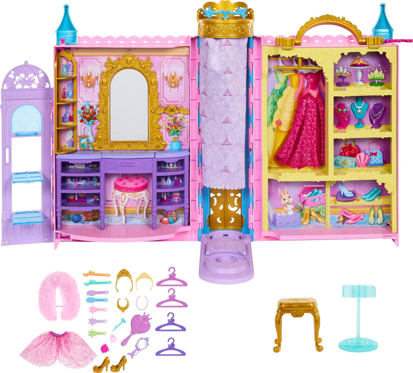 Mattel Conjunto de Brinquedo Closet das Princesas Disney da – Inclui 2 Looks, 25 Acessórios, Penteadeira, Provador, Passarela e Espaço de Armazenamento; Abre até 60 cm de Largura; Inspirado nos Filmes da Disney