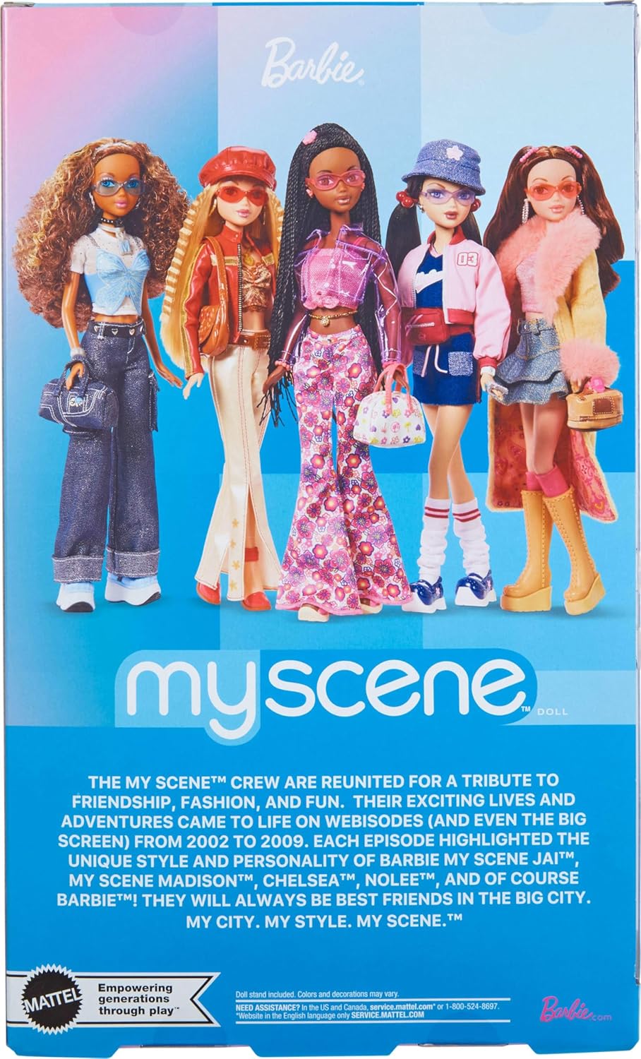 Barbie Signature My Scene Jai Boneca e Acessórios, Tranças Pretas, Roupa Inspirada nos Anos 2000 com Blusa Rosa, Jaqueta de Vinil, Calça Flare Floral e Suporte para Boneca, JBH84