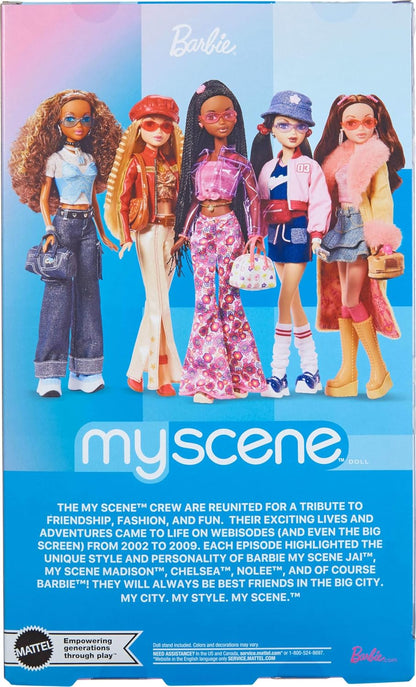 Barbie Signature My Scene Jai Boneca e Acessórios, Tranças Pretas, Roupa Inspirada nos Anos 2000 com Blusa Rosa, Jaqueta de Vinil, Calça Flare Floral e Suporte para Boneca, JBH84