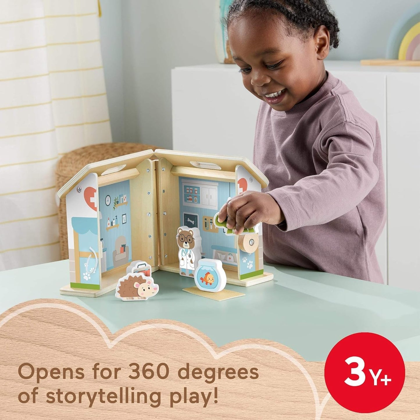Fisher-Price Conjunto de brinquedo de madeira para brincar de hospital de animais de estimação, 6 peças, para crianças em idade pré-escolar a partir de 3 anos, JFG07