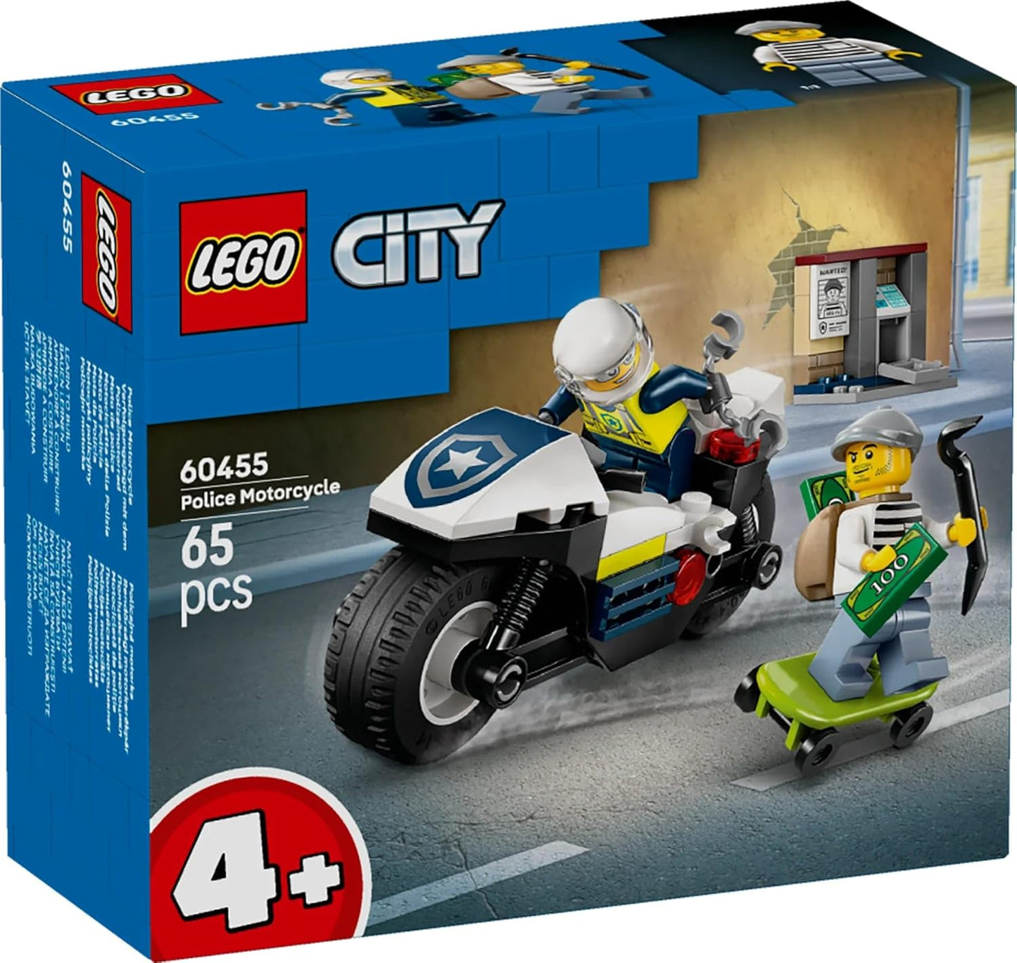 LEGO Conjunto de perseguição de motocicleta da polícia City com uma motocicleta de brinquedo, 2 minifiguras, minicaixa eletrônico e um skate - Presente de aniversário para meninos e meninas a partir de 4 anos - 60455