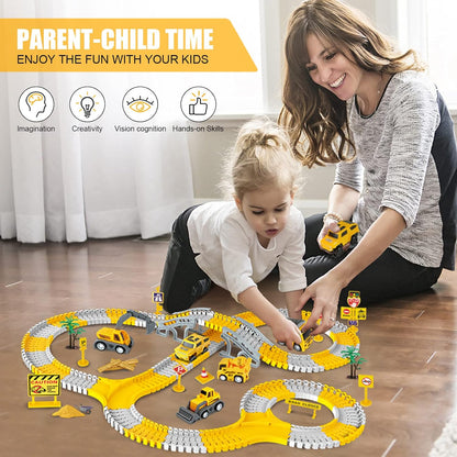 Conjunto de Pistas de Corrida de Construção com 260 Peças para Crianças, Incluindo 2 Carrinhos Elétricos, 4 Carrinhos de Construção, 1 Mapa e Kit de Pistas Flexíveis para Montar. Presente Ideal para Crianças de 3, 4, 5 e 6 Anos.