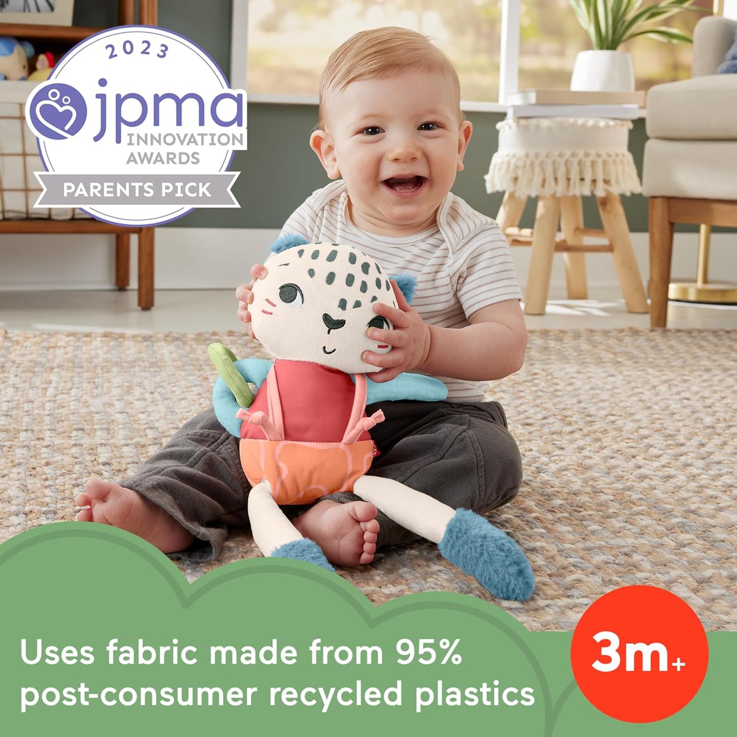 Brinquedo sensorial para bebês Fisher-Price Planet Friends: Leopardo da Neve para observação, ideal para recém-nascidos a partir de 3 meses. Feito com 95% de plástico reciclado e embalagem com certificação FSC. HKD64