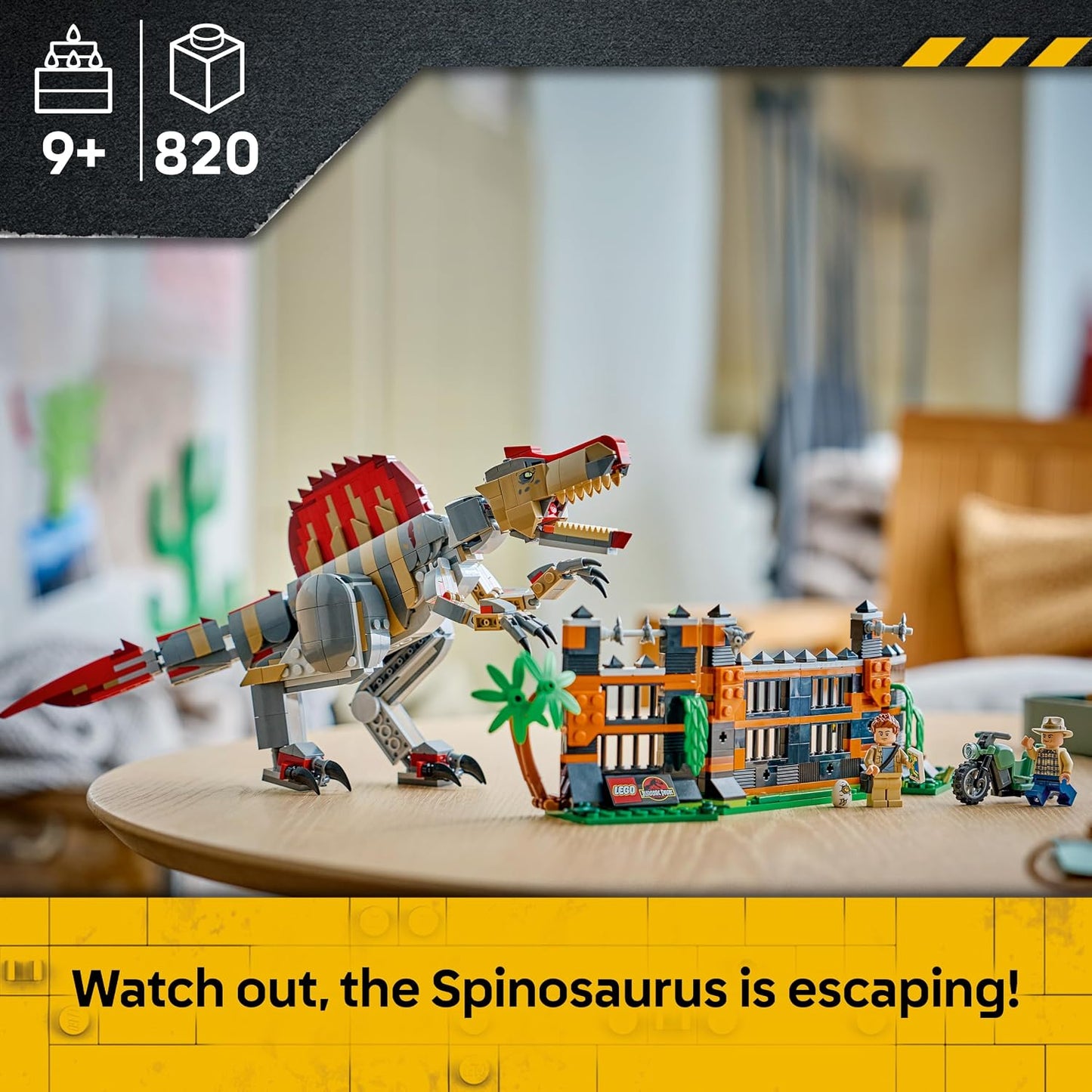 LEGO Jurassic World Fuga do Dinossauro Espinossauro – Brinquedo Interativo com Figura de Dinossauro, Moto e 2 Minifiguras – Presente de Aniversário para Meninos e Meninas a partir de 9 Anos – 77982