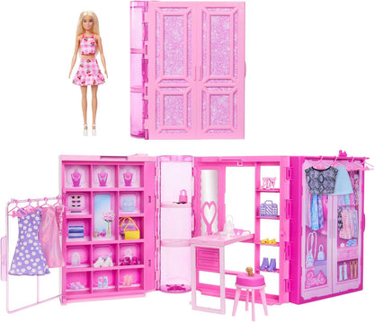 Barbie Conjunto de brinquedos Dream Closet com boneca loira, roupas e acessórios, 90 cm de largura com mais de 25 peças, 3 looks completos, HXD58