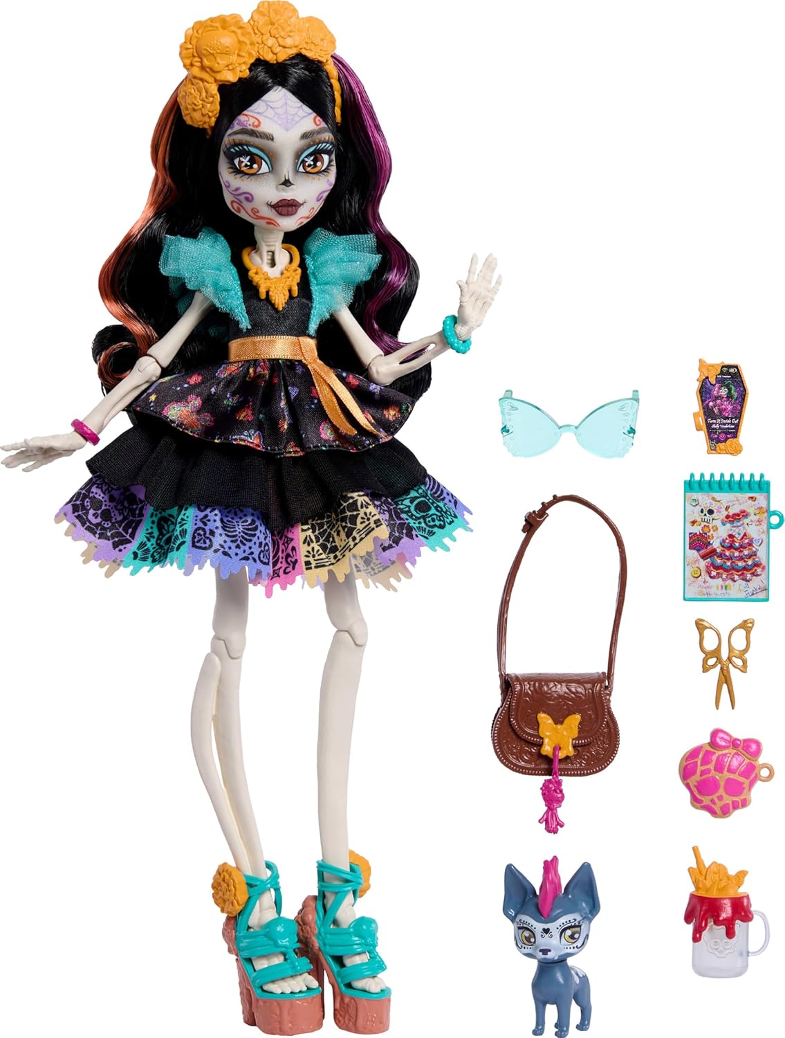 Monster High,Boneca Skelita Calaveras, com vestido colorido de papel picado, acompanhada de sua cachorrinha Candelita e 7 acessórios como caderno de desenho, lanche e bolsa a tiracolo, JHK34