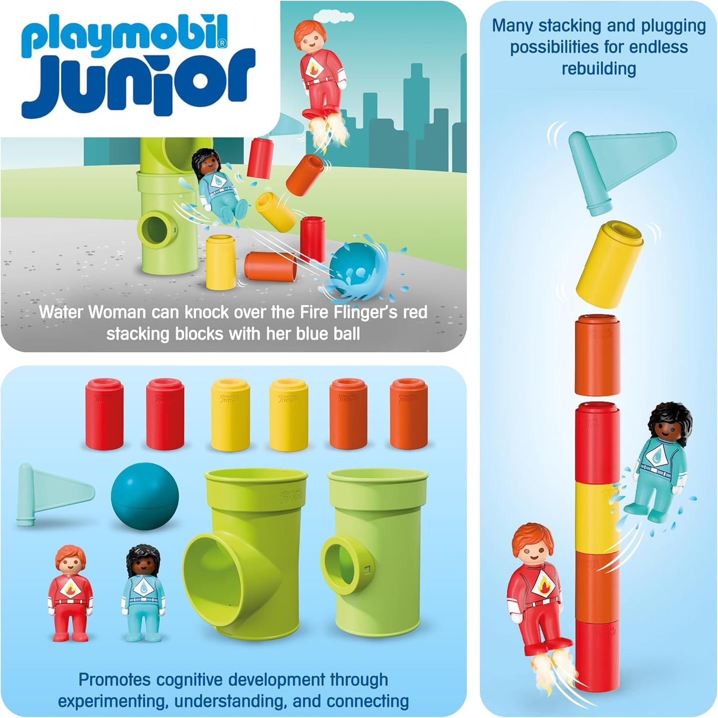 Playmobil | JUNIOR | JUNIOR: Ação de Super-heróis | Conjunto de Montar com Mulher-Água, Homem-Fogo, Torres e Elementos de Pista de Bolas | Para Crianças a partir de 4 Anos | 72085