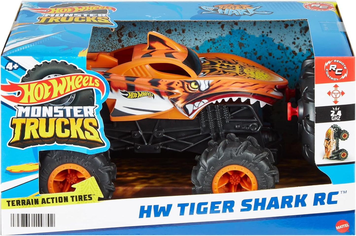 Hot Wheels Monster Trucks, carro de controle remoto HW Tiger Shark na escala 1:24, com pneus para todos os terrenos, controle remoto completo, HNV03