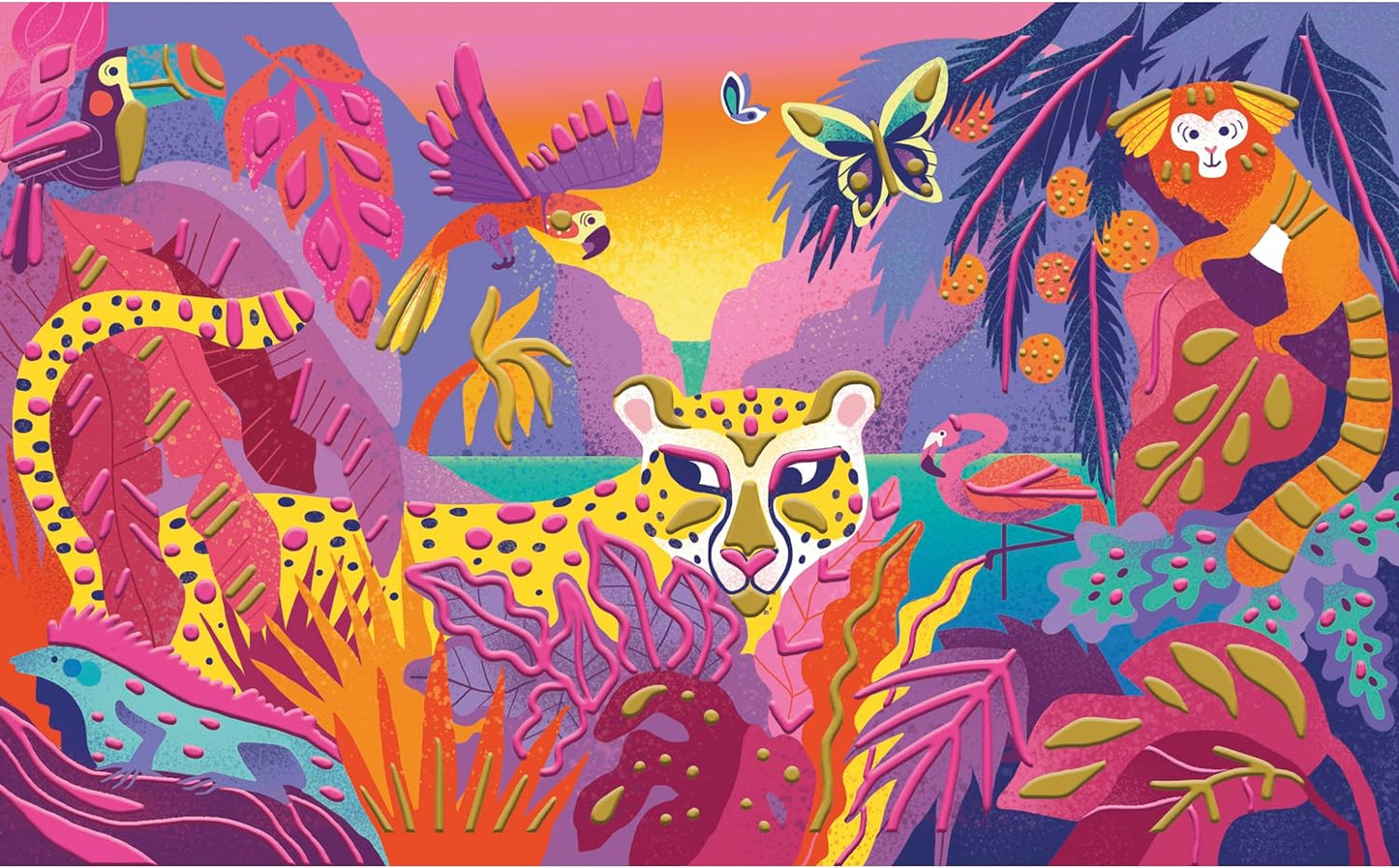 Janod Pintura 3D - Tema Selva - Les Ateliers du Calme - Kit de Ocio Creativo Infantil - Pintura Dorada y Rosa Neón para Niños - Estimula la Motricidad Fina y la Concentración - A partir de 7 años