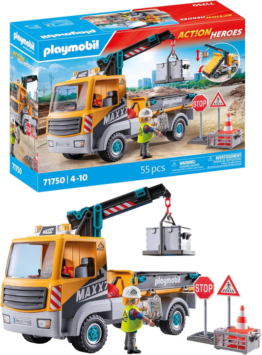 Playmobil 71750 | Heróis de Ação | Caminhão de Construção com Guindaste | Brinquedo de Construção para Crianças | Conjunto de Construção | Brinquedos para Crianças a partir de 4 anos | 71750