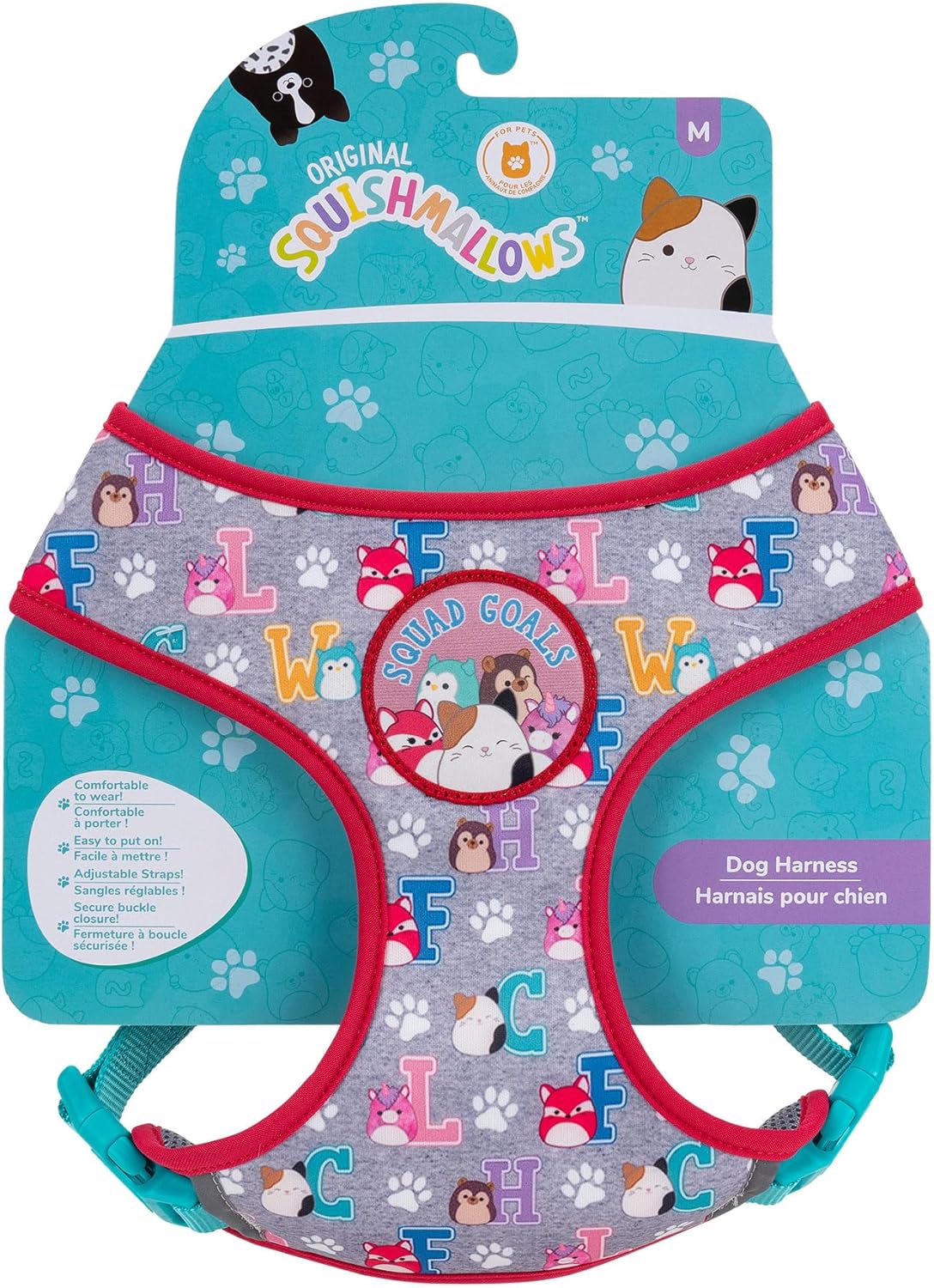 Squishmallows Arnês para animais de estimação Original Squad Goals (tamanho médio) - Roupa oficial para animais de estimação da Jazwares
