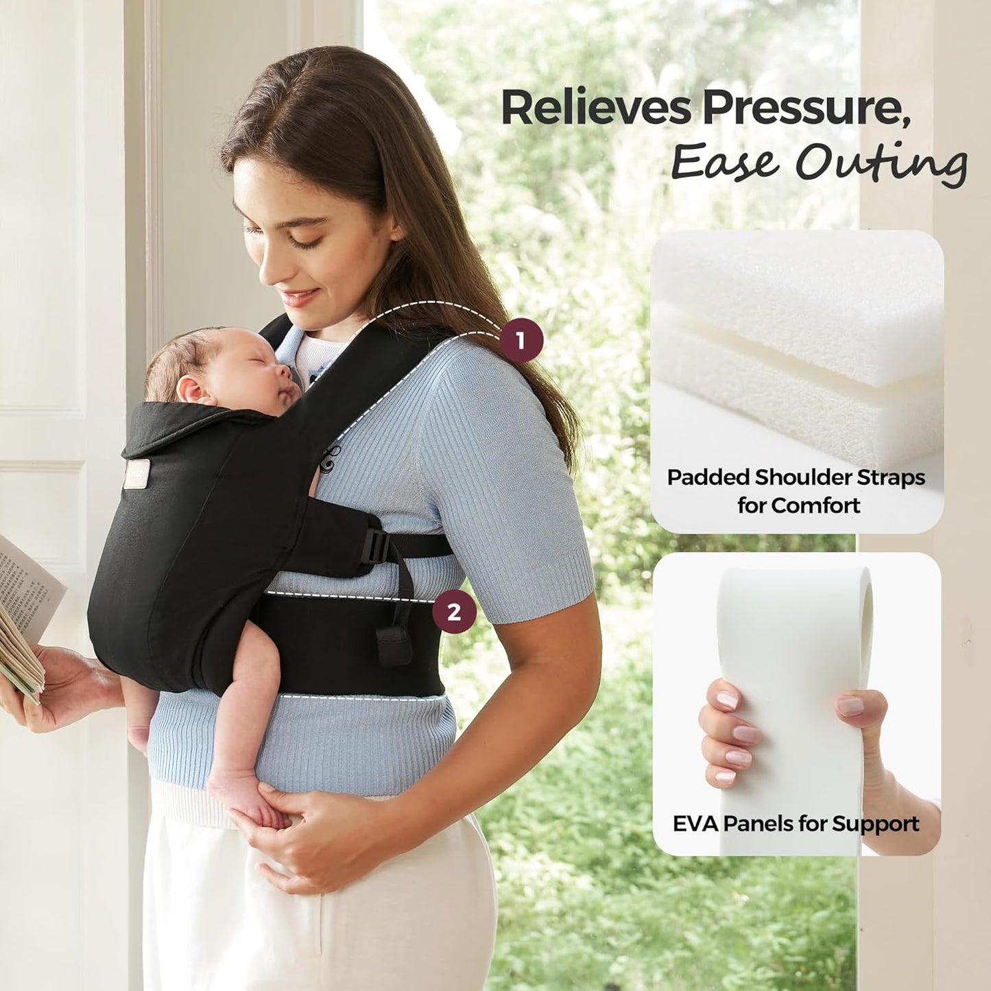 Momcozy Newborn Carrier WeeSnug - Leve e confortável para 3,2-11,3 kg, suporte ergonômico cruzado para as costas, fácil de colocar, carregador de bebê com viva-voz e suporte lombar, preto
