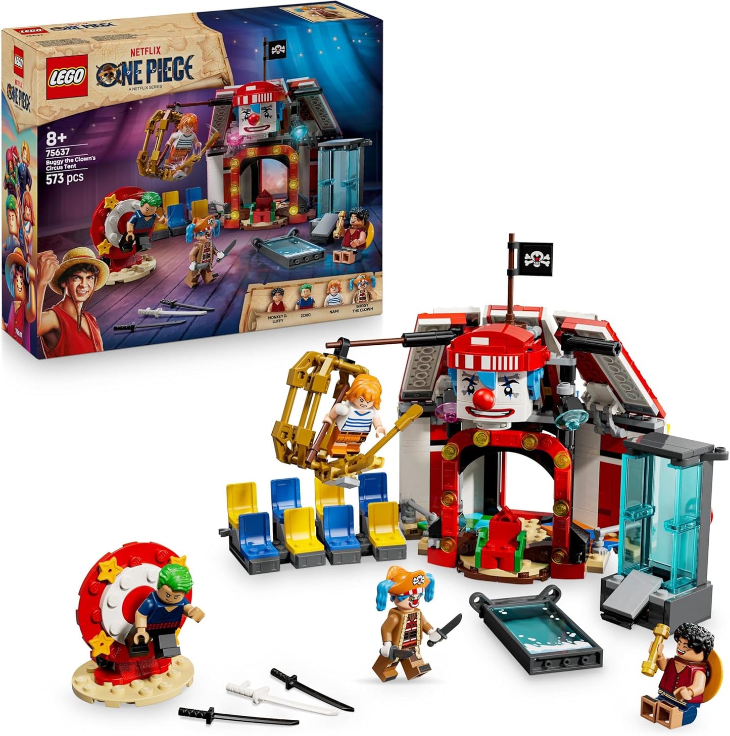 LEGO ONE PIECE Tenda de Circo do Buggy, o Palhaço - Brinquedo Interativo com 4 Minifiguras, incluindo Luffy, Nami e Zoro, além de 2 Cartazes de Procurado - Presente de Anime para Meninos, Meninas e Fãs a partir de 8 Anos - 75637