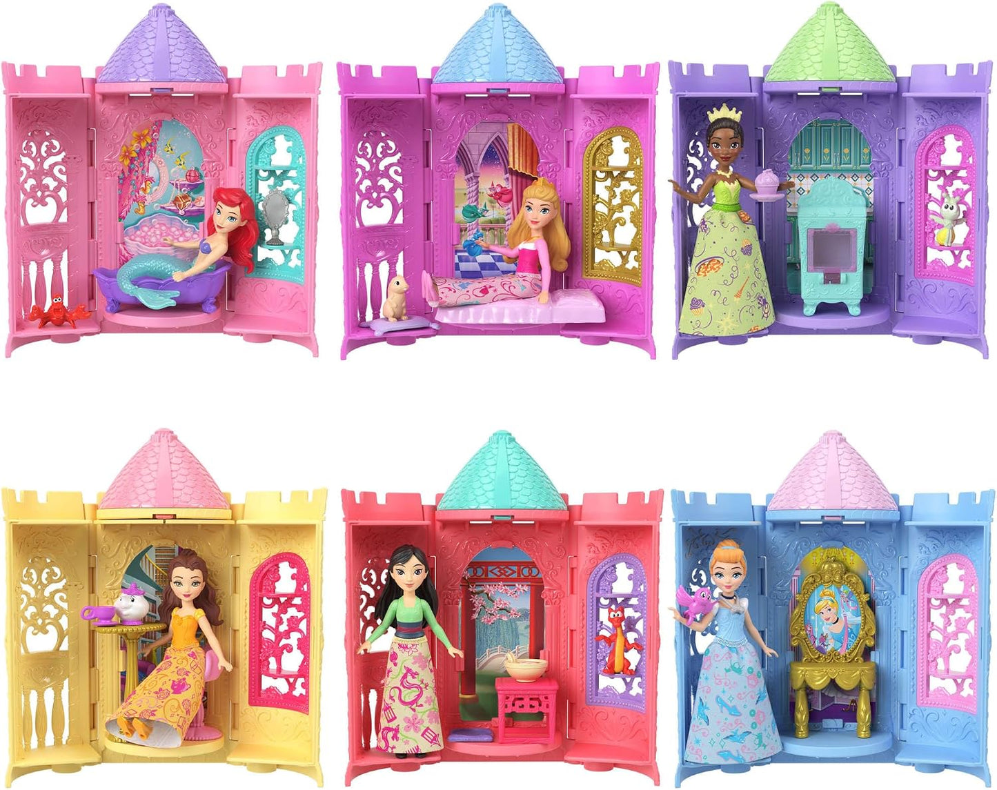Mattel Disney Princess ou Villains – Torre e Mini Boneca (Personagem pode variar) | Inclui mini boneca surpresa e conjunto de brinquedo "Storytime Stackers" (Torre) com 3 a 4 acessórios, inspirado nos filmes – JBL46