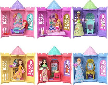 Mattel Disney Princess ou Villains – Torre e Mini Boneca (Personagem pode variar) | Inclui mini boneca surpresa e conjunto de brinquedo "Storytime Stackers" (Torre) com 3 a 4 acessórios, inspirado nos filmes – JBL46