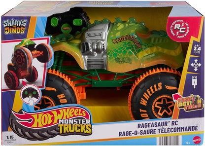 Hot Wheels Monster Trucks, veículo de brinquedo com controle remoto, escala 1:15, Rageasaur RC com pneus de alta aderência para off-road e manobras radicais.