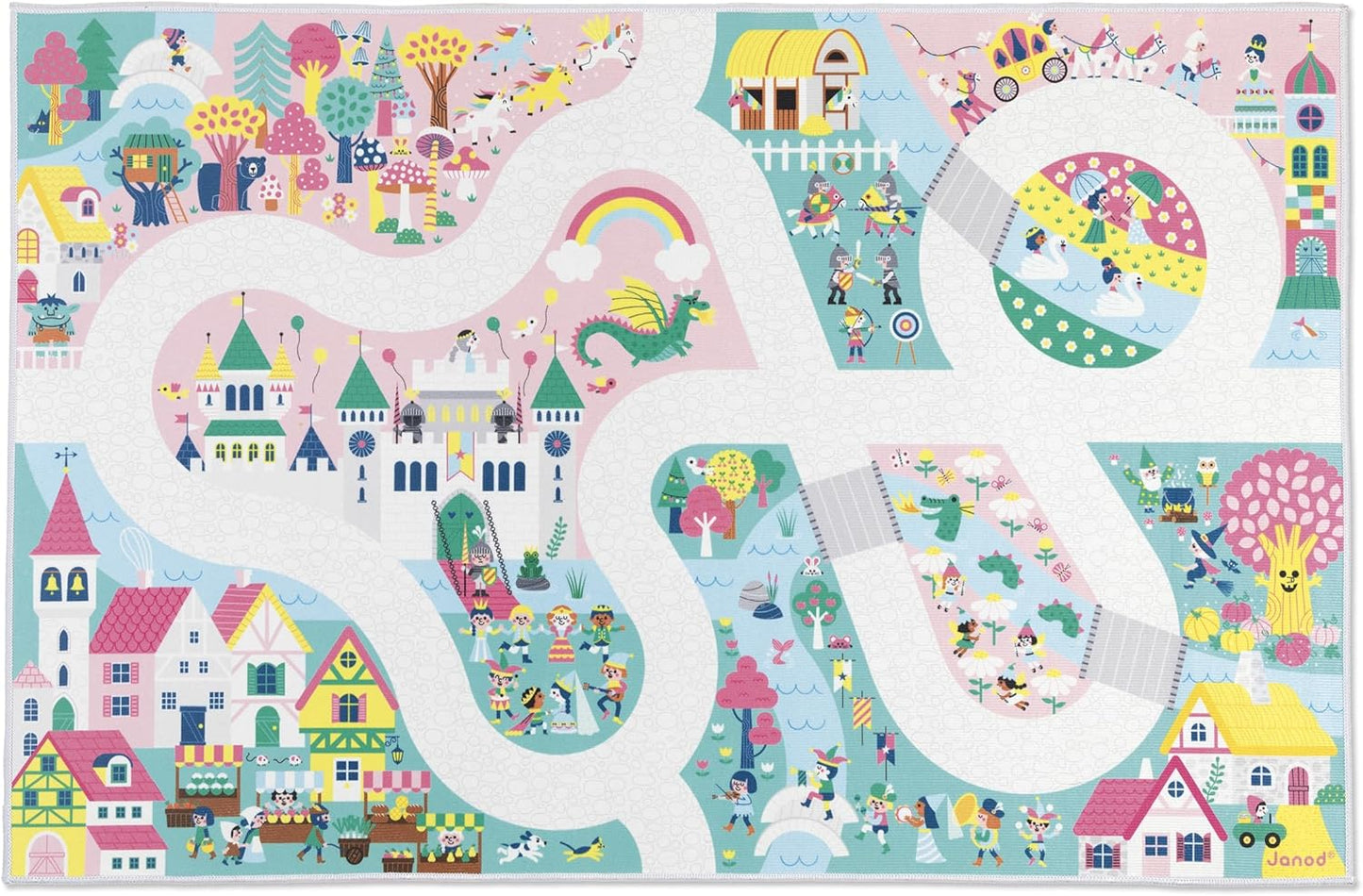 Janod - Tapis Voiture Enfant - Thème Ville - Doux & Anti-dérapant - Motif Urbain - Tapis de Jeux Chambre Fille & Garçon - 120 x 78cm - Lavável