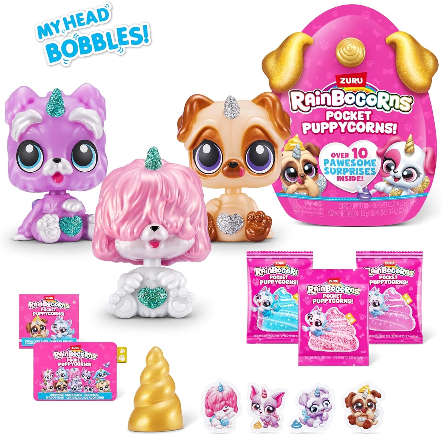Rainbocorns Pocket Puppycorns, Brinquedo Surpresa Colecionável para Filhotes, Estatueta de Filhote em Miniatura, Brinquedo Fofo para Filhotes (Pacote com 3)