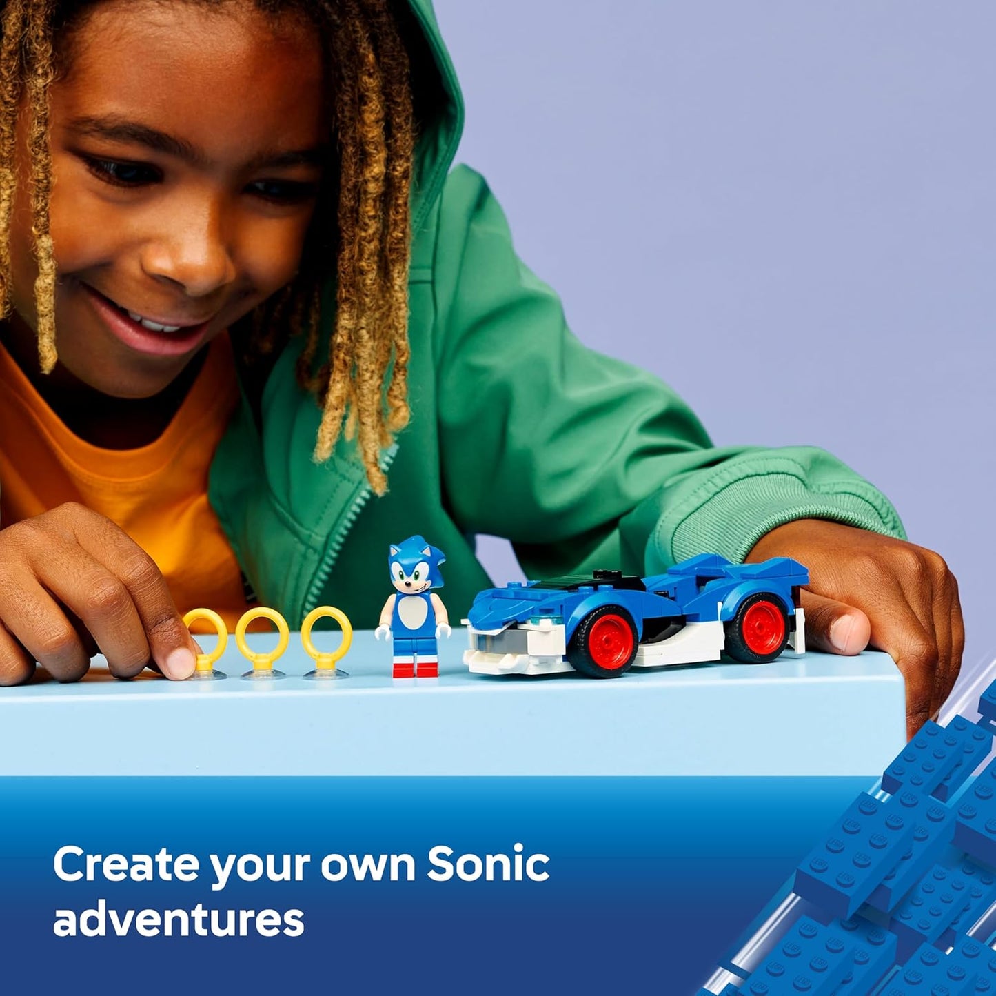 LEGO Sonic the Hedgehog: Sonic Speedster Lightning - Carro de Corrida de Brinquedo com Minifigura, Esmeralda do Caos e 3 Anéis Dourados - Presente Gamer para Meninos e Meninas a partir de 7 Anos - 77117