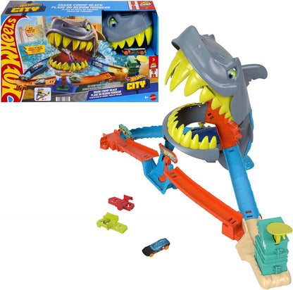 Hot Wheels Conjunto  City Shark Chomp Beach e carrinho em escala 1:64 | Pista com veículo de metal (die-cast) em escala 1:64, 2 formas de brincar